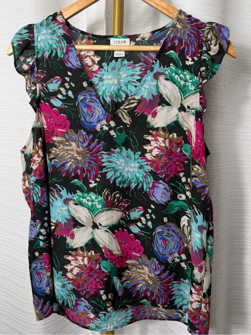 J. Crew Black Floral V-Neck Sleeveless Top with Teal, Magenta and Purple